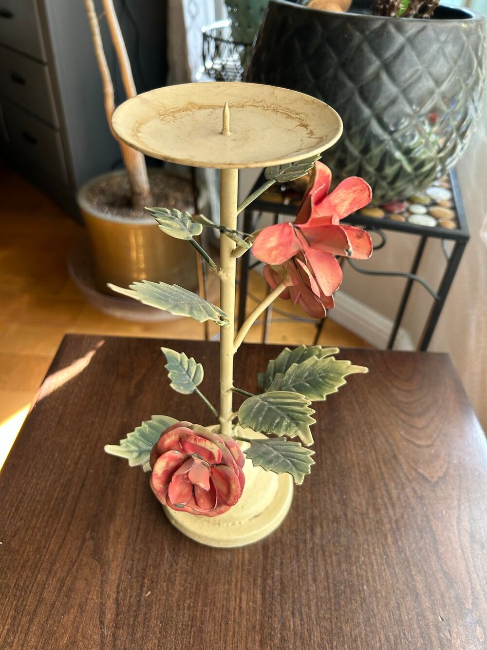 Vintage Rose Hand Painted Toleware Metal Candlestick Decor Cast Iron Base